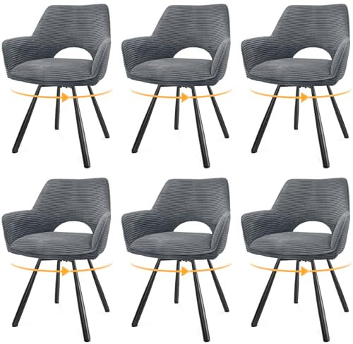 WAFTING Esszimmerstühle 6er Set Drehbar,Armlehnstuhl mit Metallbeine,geeignet als Stühle Esszimmer,Samt Stuhl,Küchenstühle,Wohnzimmerstuhl,Polsterstuhl mit Samtigem Gefühl,Grau