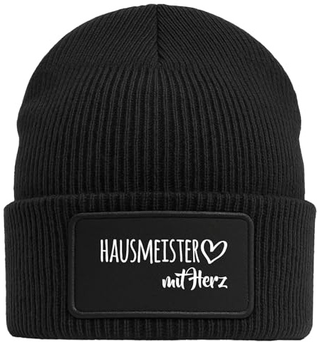 Huuraa Beanie Hausmeister mit Herz Geschenk | Black Geschenkidee Schwarze Rippstrick Wintermütze mit austauschbarem Klett Patch