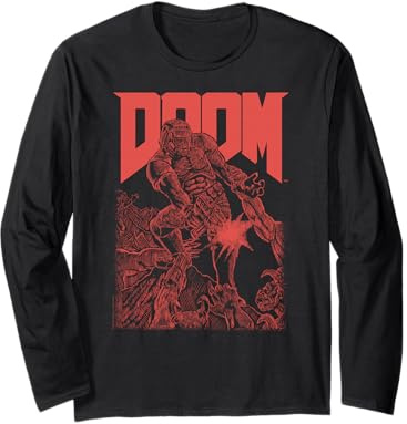 DOOM Red Sketched Cover Art Retro Video Game Langarmshirt