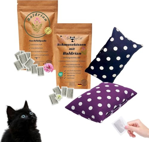 SNOOZYCAT Lot de 2 coussins pour chat + 14 recharges de valériane pure – Jouet pour chat fait à la main en coton certifié Öko-Tex rechargeable et naturel