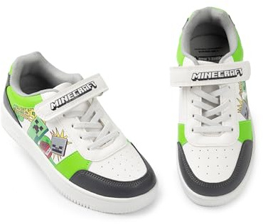 Minecraft Creeper Boys Trainers in White, Green & Black | Hook and Loop Closure Casual Footwear | Everyday Wear for Kids Blocks Design