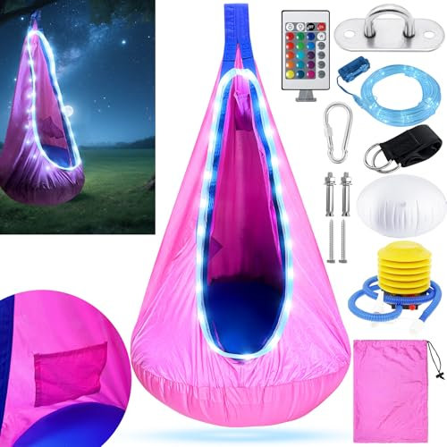 VEEKAY Hängehöhle,Pod Schaukelsitz mit LED,Pod Swing Seat mit Aufblasbarem Kissen,Schaukelstuhl,Tragbarer Hängesessel Schaukel,Hängehöhle