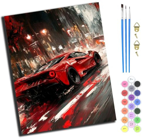 XIAOYOUQIAN Voiture de sport rouge dans la rue de la ville,Peinture par Numéro Adulte,40x50cm,Diy Tableau Peindre par Nombre pour Enfants à peindre,cadeaux peints à la main Home Decor,Avec Cadre