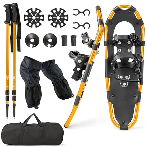 COSTWAY Schneeschuhe mit Steighilfe, Schuhgröße 38-45, Schneeschuhe mit Doppel-Ratschenbindungssystem, Aluminiumrahmen, Trekkingstöcke & Tragetasche, Gamaschen, für Herren, Damen