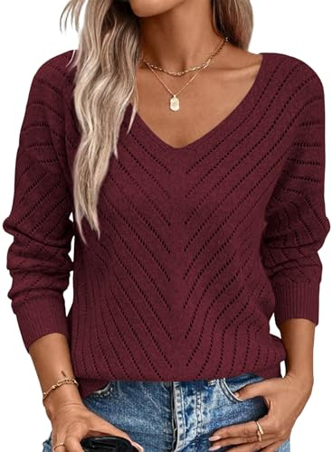 Razzlebelle Pullover Mujer Otoño Burdeos Cuello en Punto Cuello en Pico Prendas de Punto para Mujer Ropa de Invierno Moda 2026