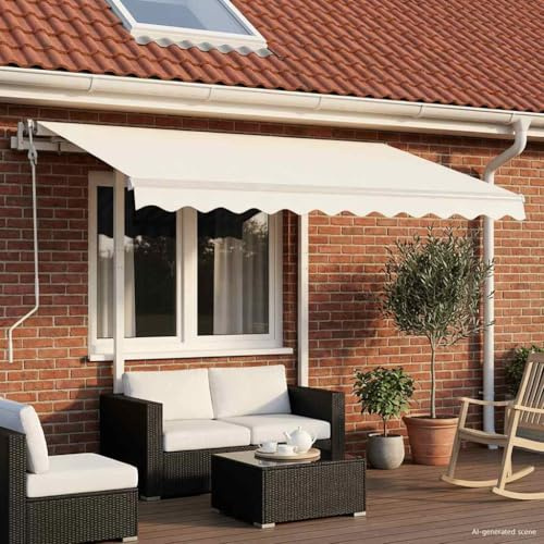 HaoChrymec Markise Einziehbar mit Pfosten 350x250 cm, UV-beständiger Polyesterstoff, Rostfreier Aluminiumrahmen, Freistehende Markises, Sonnensegel Balkon, Markise Balkon, Creme