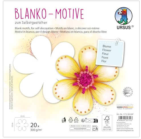 Ursus 1712 00 08F - Blanko Motive Blume, 20 Stück aus 300 g/m² Fotokarton, 22 x 22 cm, DIY Bastelpapier zum Ausmalen, Bekleben, Ausschneiden & Selbstgestalten