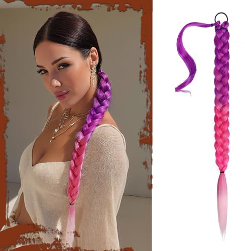 Sofeiyan Extension de Queue de Cheval Tressée avec Attache Cheveux,66cm Longue Tresse Queue de Cheval Extensions de Cheveux Droites et Enveloppantes Postiches Synthétiques pour Femmes,Rose vif Dégradé