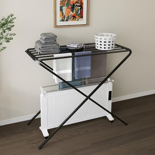 YANGLLYJ Wäscheständer für Ölradiator, X-förmiger Waeschestaender, Robustes Heizkörperregal für Schnelles Trocknen von Handtüchern und Kleidung im Winter Auf Dem Balkon(Black,80x85x40cm/31x33x16in)