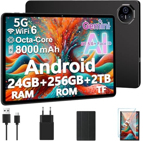 Dghrti Tablette 11 Pouces Android, Tablet Tactile, 24Go + 256Go, TF 1TB Extensible, 8000 mAh, UFS 2.2 Flash | 13MP + 5MP | Face ID | Widevine L1 | GMS Certified | 8-Cores 2.0 GHz | GPS | BT5.0- Gris