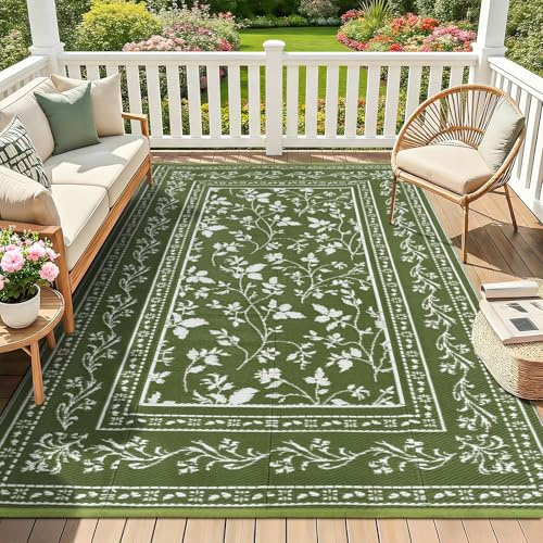 TUKDAK Grün Outdoor Teppich Wetterfest 150x245cm, Wendbarer Balkon Teppich, Outdoorteppich Matte Kunststoff Teppiche, Wasserdichter Außenteppich, UV-Beständige Camping Teppiche für Terrasse Garten RV