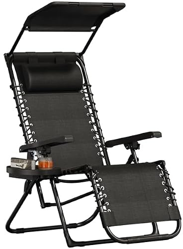 Yaheetech Sdraio da Spiaggia Pieghevole con Parasole, Cuscino Poggiatesta Removibile, Portabicchieri, Sdraio da Giardino con Schienale Regolabile, Spiaggia, Lettino da Sole (1, Nero)