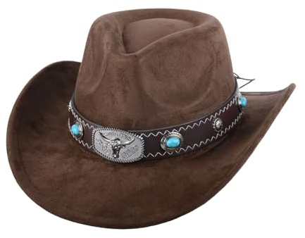 Chapeau Cowboy Western Femme Homme – Chapeau Cowgirl Vintage Bord Large Ajustable, Cowboy Hat Style Country Rodeo Festival Costume, Chapeau Western Feutre (FR/ES, Alpha/lettres, M, Brun Western-C)