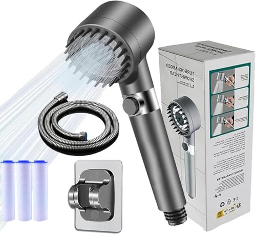 Hard Water Filter Shower Head and Hose with PP Filter and Holder, 5 Spray Jet Modes High Pressure Bathroom Shower Head, Filtered Showerhead Remove Chlorine, Handheld Showerhead with ON/Off Switchs