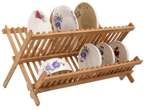 Milena 1pc Folding Beechwood Dish Drying Rack, Large 2-Tier X-Shape Wooden Dish Drainer for Kitchen Countertop, Non-Toxic Plates, Bowls & Cups Organizer, Space Saving Design, H 35 x L 40cm (1)