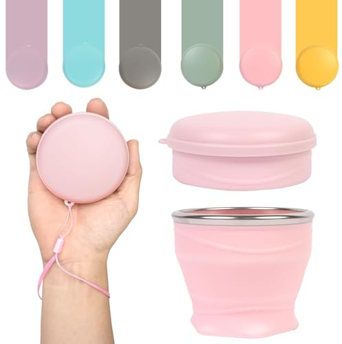 Tazze Silicone Pieghevoli, Bicchieri Silicone con Coperchio, 180 ml Bicchiere Riutilizzabile Pieghevole, Tazza da Viaggio Pieghevole Senza BPA per Viaggio Campeggio Picnic Escursionismo (Rosa)