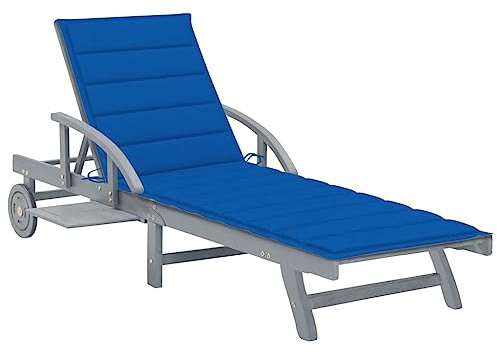 Tmriohed Sonnenliege aus massivem Akazienholz mit Auflage, Gartenliege verstellbar mit Rädern und Ablage, Liegestuhl für Terrasse und Balkon, Grau, 200x68cm