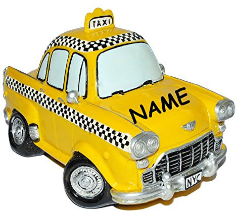 XL Spardose Auto Taxi - incl. Name - Fahrzeug Sparschwein lustig witzig/stabile Sparbüchse aus Kunstharz - New York NYC yellow Cab - Reisekasse Urlaub Reise