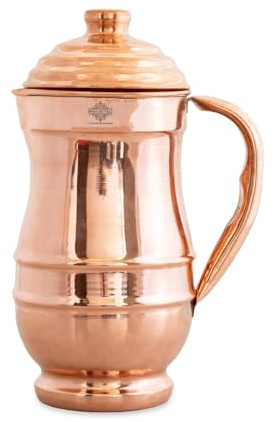 Indian Art Villa Copper Plain Designer Jug Pitcher with Lid |47.34 OZ| for Storage & Serving Water Home Hotel Restaurant | Beneficial for Health
