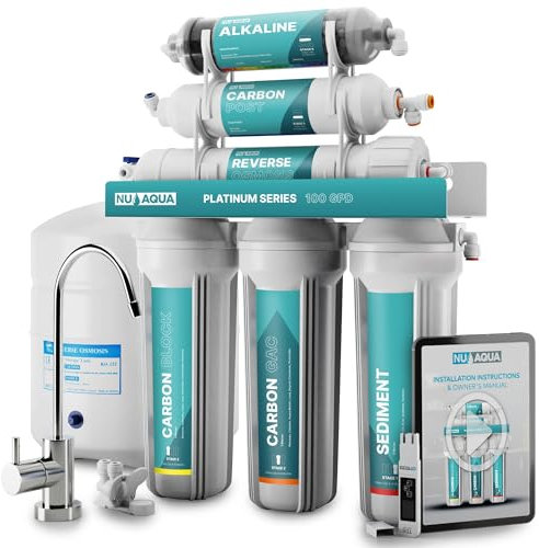NU Aqua Système de filtre à eau alcalin sous évier à osmose inverse à 6 étapes – Filtration et reminéralisation RO 100 GPD – Robinet et réservoir – Compteur PPM – Sous-évier 100 GPD – Purificateur