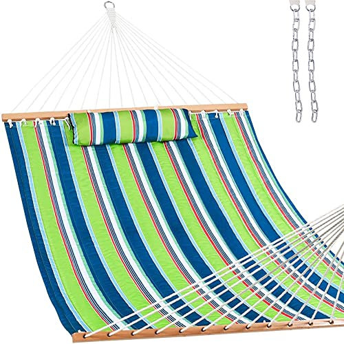 Lazy Daze 12 FT Quilted Fabric Double Hammock with Spreader Bars and Detachable Pillow, 2 Person Hammock for Outdoor Patio Backyard Poolside, 450 LBS Weight Capacity, Green/Blue Stripe