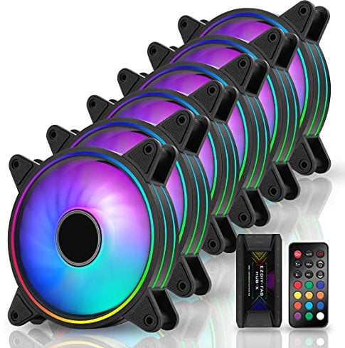 EZDIY-FAB Moonlight 120mm RGB Case Fan with Fan Hub X and Remote,Motherboard Aura SYNC,Speed Control,Addressable Fan for PC Case-6 Pack