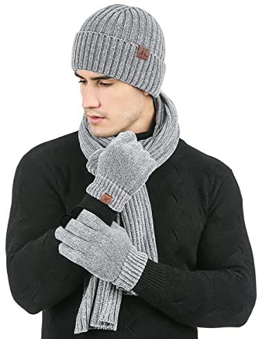 LumiSyne Winter 3 In 1 Mütze Schal Handschuh Sets Für Herren Damen Exquisite Jacquard Einfarbig Schal Beanie Strickmütze Touchscreen Handschuhe Fortschrittlicher Weicher Chenille Stoff