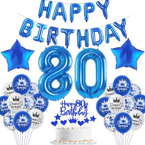 Blau Luftballon 80. Geburtstag Mann Deko - Folienballon, Happy Birthday Girlande Banner, Geburtstagsdeko für 80 Jahre Männer - Party Dekorationen