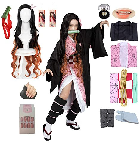 kelihood Japanischer Anime Cosplay: Kamado,Nezuko-Cosplay Kostüm Kimono Set Anime Cosplay Erwachsene Kimono Halloween Kostüm-Kinder_XL