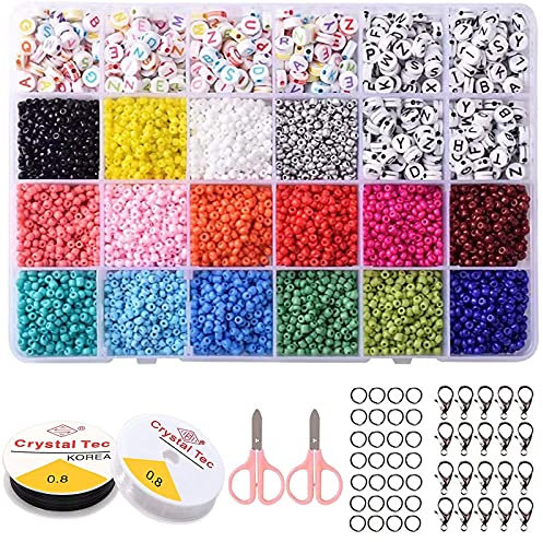 Lostwry cuentas de vidrio de colores, 6400pcs cuentas de semillas de vidrio con 400pcs cuentas del alfabeto redondo mini cuentas de cristal para DIY pulseras collares bisutería joyas