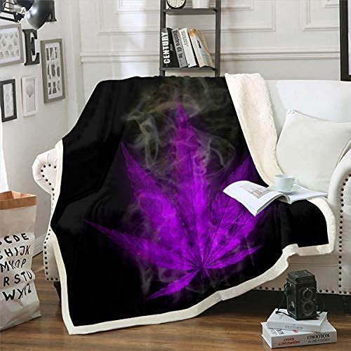 Marihuana Sherpa Decke Cannabisblätter Bohemian Chic Smoky Trippy Leaves Botanische Decke Gothic Natur Pflanze Weed Flanell Decke Schwarz Dekorativ 150X200