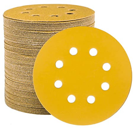 STEBRUAM 100 Stück Schleifpapier 125mm Klett 320 Körnung, Profi Gold Rund 8 Loch Schleifscheiben für Exzenterschleifer,Für Holz Metall und Farbe