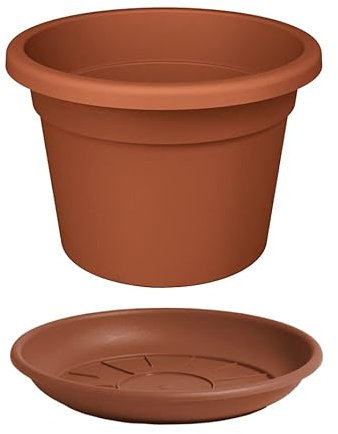Maceta redonda de plástico PPL para jardín, patio, balcón y terraza (Ø50 x 35 cm, color terracota + plata)