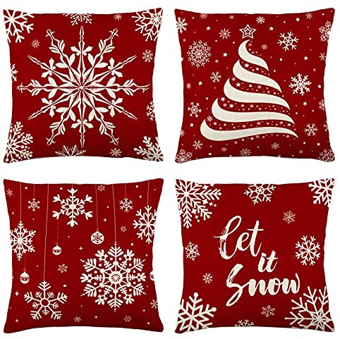 Set di 4 Federe Natalizie per Cuscino,Cuscini Natalizi Copricuscino per Divano,Federa Natalizia in Cotone e Lino 45 x 45 cm