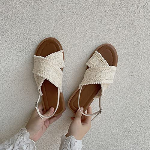 TOMDO Bohème Sandales Corde Plates Femme Été Confortable Tong Jaune en Paille Nu Pied Femmes Plage Piscine Élégant Espadrilles Tong Sandale Ado Fille Bande Croisée,Beige,US6/EU37