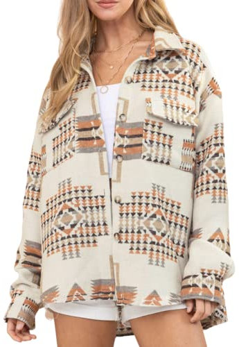 Joiemont Damen Azteken-Print Shirt Jacke Shacket Langarm Lose Vintage Boho Wollmischung Mantel Button Down Shirt Tops, Khaki, Mittel