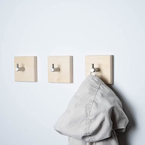 WOODS Garderobenhaken aus Holz quadratisch mit Klebepad I unsichtbare Montage ohne Bohren I einzeln oder als Garderobenleiste I Garderobe Handtuchhalter (Ahorn, Edelstahl Haken, 3 Stück)