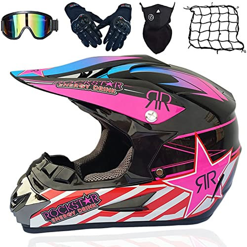 WYXAXNM Motorradhelm Cross Helme, Motocross Helm Kinder, Motorrad Downhill Fullface Helm Crosshelm Set Mit Schutzbrille Maske Handschuhe Helm Netz - DOT Zertifizierter, (52-59CM),Pink-S