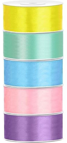 Satin Geschenkband 25mm 5 Farben je 25m lang pastell gelb mit hellblau rosa lavendel Schleifenband Geschenkverpackung Geburtstag Hochzeit Weihnachten 5er Set