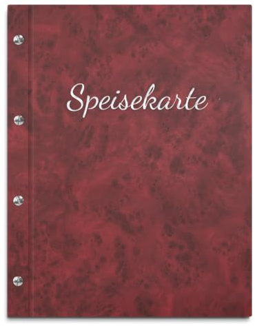 Handgefertigte Speisekarte/Menukarte in roter Marmoroptik – Inkl. 12 Sichthüllen zum Austauschen – Handgeprägter Coverdruck in versch. Farben