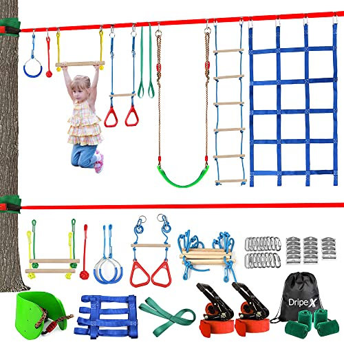 Dripex Slackline Kinder, Ninja Slackline 2×15m und Ninja Warrior Hindernisparcours Garten im Freien,Ninja Parcours Kinder mit Schaukel, Kletterleiter, Kletternetz und Baumschutz, geeignet für Anfänger