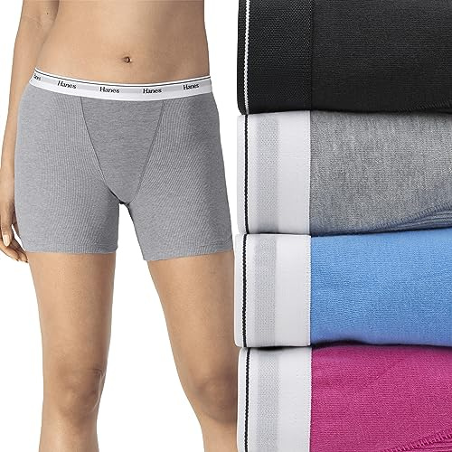 Hanes Women's Originals Boxer Brief Pack, Stretch Cotton Mid-Thigh Panties, Fashion, 4-Pack