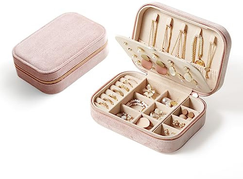 CASEGRACE Reise-Schmuckschatulle aus Plüschsamt, tragbarer Schmuckkoffer für Frauen und Mädchen, doppellagiger Schmuck-Organizer für Halsketten, Ohrringe, Ringe, Armband, Reisezubehör, Geschenke, Rosa