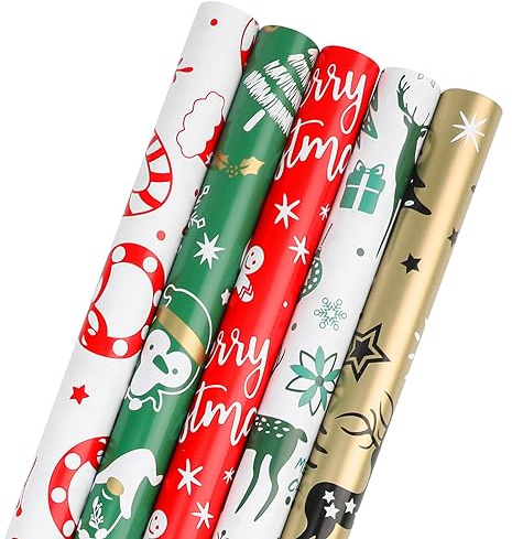 KIMOBER Lot de 5 rouleaux de papier cadeau de Noël, papier coloré avec des éléments de Noël de dessin animé et des lignes de coupe au verso (43,2 x 299,7 cm par rouleau)