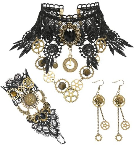 Steampunk Accessoires Damen, 3 Stück Retro Zahnräder Steampunk Halskette Ohrringe, Spitze Gotisch Choker Halskette Armbänder, Schwarz Gothic Schmuck Frauen Mädchen Für Halloween Karneval Kostüm