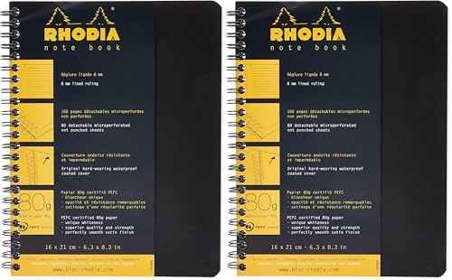 Rhodia 193469C - Spiral Notebook (Full Bound) Black Notebook - A5+ - Ruled - 160 Detachable Pages - Clairefontaine Paper 80 g/m - Soft and Resistant Coated Card Cover - Classic (Pack of 2)