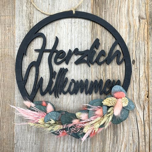 Willkommensschild - Trockenblumenkranz - Türkranz Trockenblumen mit Herzlich Willkommen'' Schriftzug - Herzlich Willkommen Türhänger (30cm Holz Schwarz, Rosa/Grün)