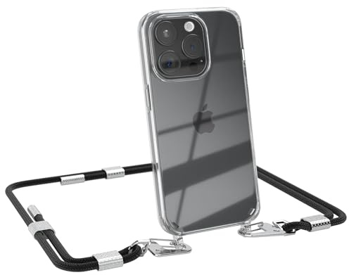EAZY CASE - Handykette mit Karabiner kompatibel mit iPhone 15 Pro - Hülle Silikonhülle Fallschutz transparente Handyhülle Kette zum Umhängen Schutzhülle in Schwarz - Clips Silber