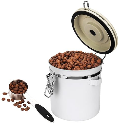 Belle Vous White Coffee Canister with Date Tracker, Scoop & CO2 Valve - 1.4L Stainless Steel Coffee Bean Storage Container - Airtight Kitchen Canister for Coffee Grounds, Tea & Sugar