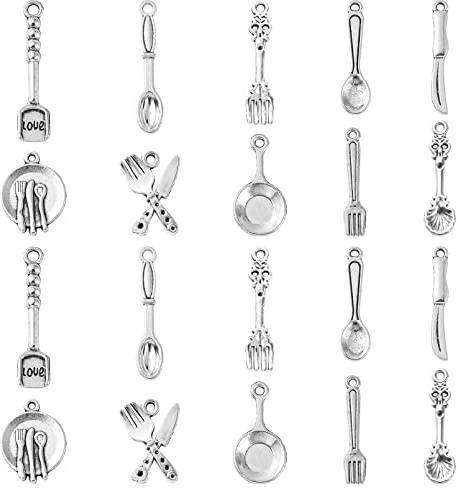 Stiesy 100Pcs 10 Styles Antique Silver Kitchenware Charms Vintage Spoon Knife Fork Pendant Charms Tibetan Tableware Charm for DIY Crafting Jewellery Making